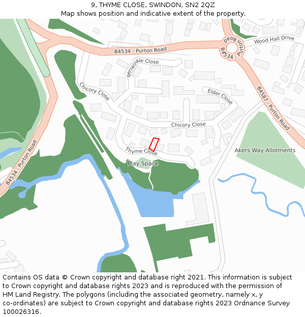 9, THYME CLOSE, SWINDON, SN2 2QZ: Location map and indicative extent of plot