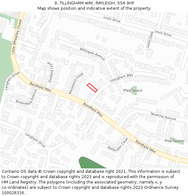 9, TILLINGHAM WAY, RAYLEIGH, SS6 9HF: Location map and indicative extent of plot