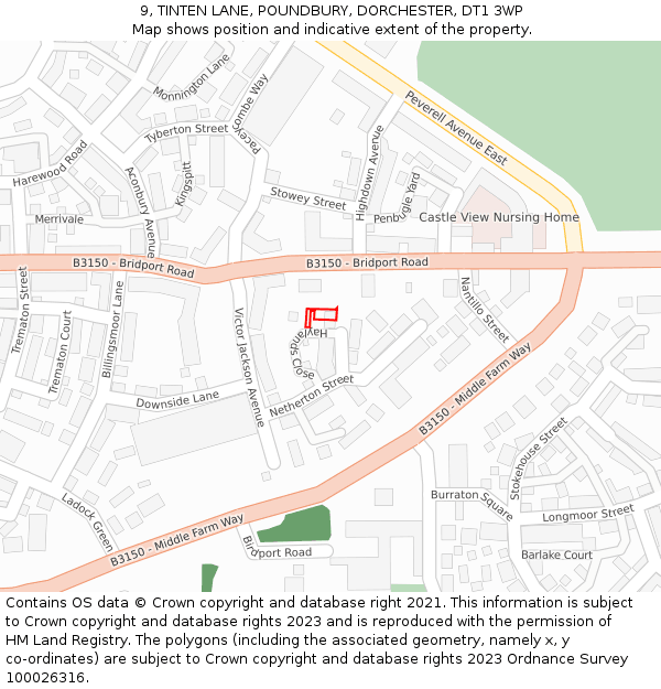 9, TINTEN LANE, POUNDBURY, DORCHESTER, DT1 3WP: Location map and indicative extent of plot