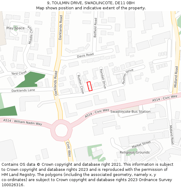 9, TOULMIN DRIVE, SWADLINCOTE, DE11 0BH: Location map and indicative extent of plot