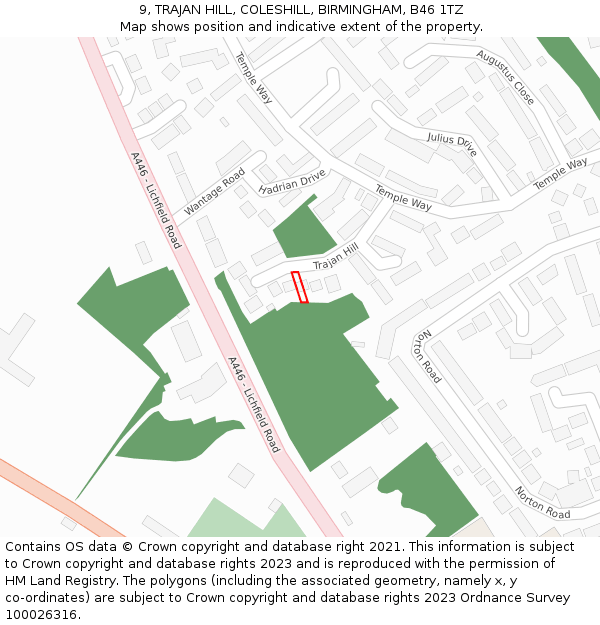 9, TRAJAN HILL, COLESHILL, BIRMINGHAM, B46 1TZ: Location map and indicative extent of plot