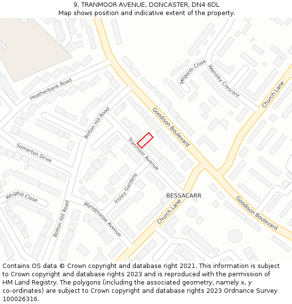 9, TRANMOOR AVENUE, DONCASTER, DN4 6DL: Location map and indicative extent of plot
