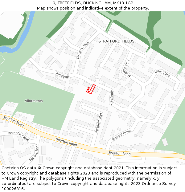 9, TREEFIELDS, BUCKINGHAM, MK18 1GP: Location map and indicative extent of plot