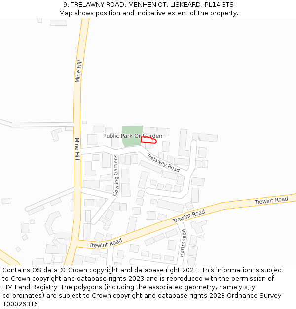 9, TRELAWNY ROAD, MENHENIOT, LISKEARD, PL14 3TS: Location map and indicative extent of plot