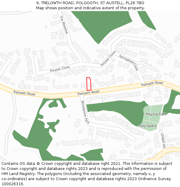 9, TRELOWTH ROAD, POLGOOTH, ST AUSTELL, PL26 7BG: Location map and indicative extent of plot