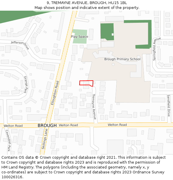 9, TREMAYNE AVENUE, BROUGH, HU15 1BL: Location map and indicative extent of plot