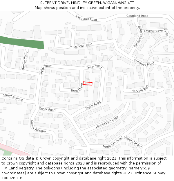 9, TRENT DRIVE, HINDLEY GREEN, WIGAN, WN2 4TT: Location map and indicative extent of plot