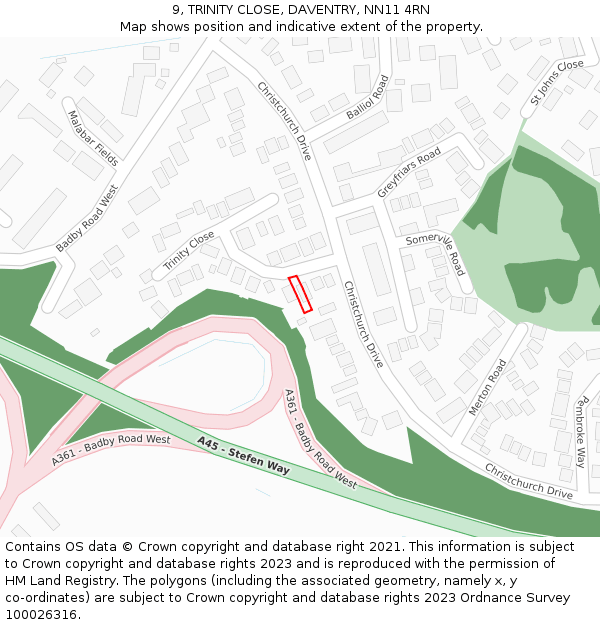 9, TRINITY CLOSE, DAVENTRY, NN11 4RN: Location map and indicative extent of plot
