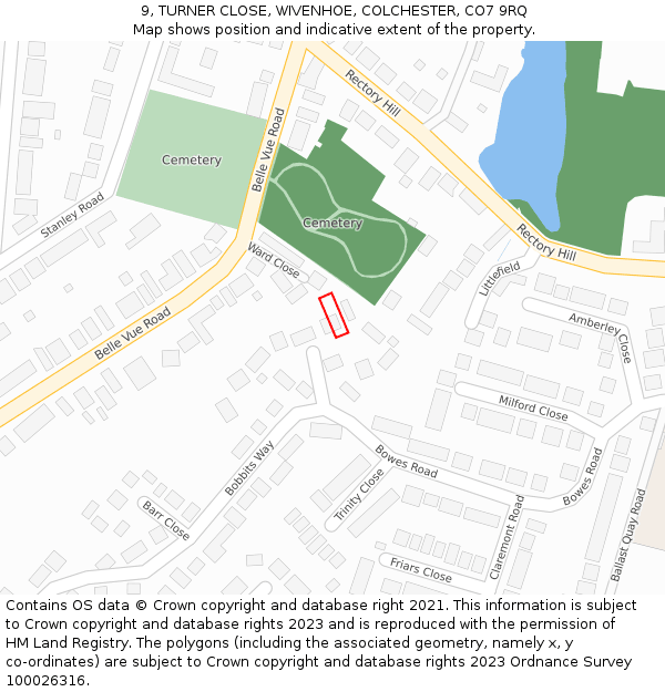 9, TURNER CLOSE, WIVENHOE, COLCHESTER, CO7 9RQ: Location map and indicative extent of plot