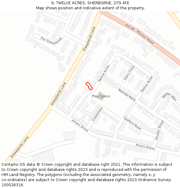 9, TWELVE ACRES, SHERBORNE, DT9 4FE: Location map and indicative extent of plot