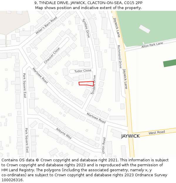 9, TYNDALE DRIVE, JAYWICK, CLACTON-ON-SEA, CO15 2PP: Location map and indicative extent of plot