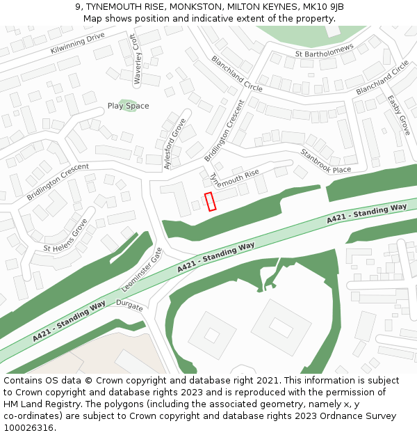 9, TYNEMOUTH RISE, MONKSTON, MILTON KEYNES, MK10 9JB: Location map and indicative extent of plot