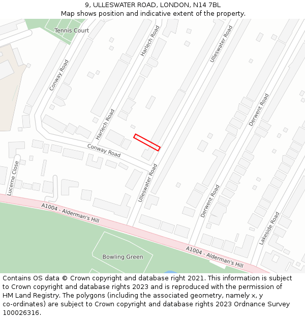 9, ULLESWATER ROAD, LONDON, N14 7BL: Location map and indicative extent of plot