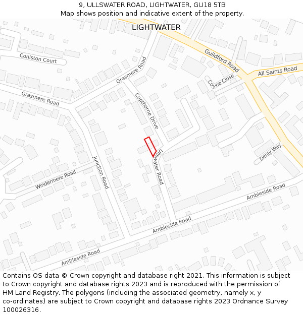 9, ULLSWATER ROAD, LIGHTWATER, GU18 5TB: Location map and indicative extent of plot