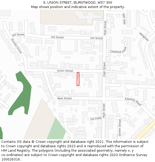 9, UNION STREET, BURNTWOOD, WS7 3XX: Location map and indicative extent of plot