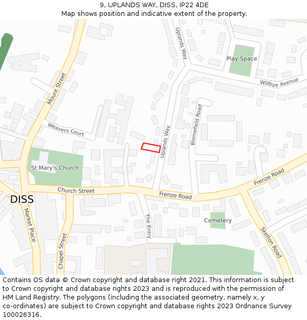 9, UPLANDS WAY, DISS, IP22 4DE: Location map and indicative extent of plot