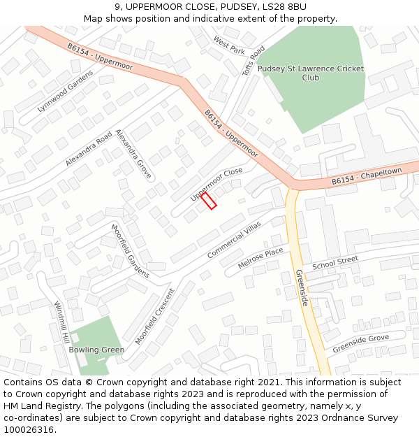 9, UPPERMOOR CLOSE, PUDSEY, LS28 8BU: Location map and indicative extent of plot