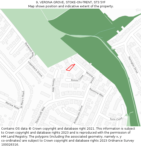 9, VERONA GROVE, STOKE-ON-TRENT, ST3 5YF: Location map and indicative extent of plot