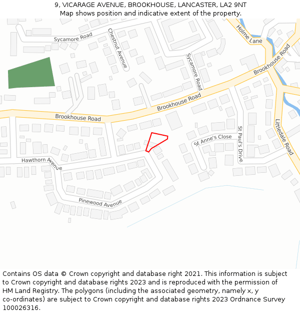 9, VICARAGE AVENUE, BROOKHOUSE, LANCASTER, LA2 9NT: Location map and indicative extent of plot