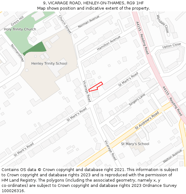 9, VICARAGE ROAD, HENLEY-ON-THAMES, RG9 1HF: Location map and indicative extent of plot