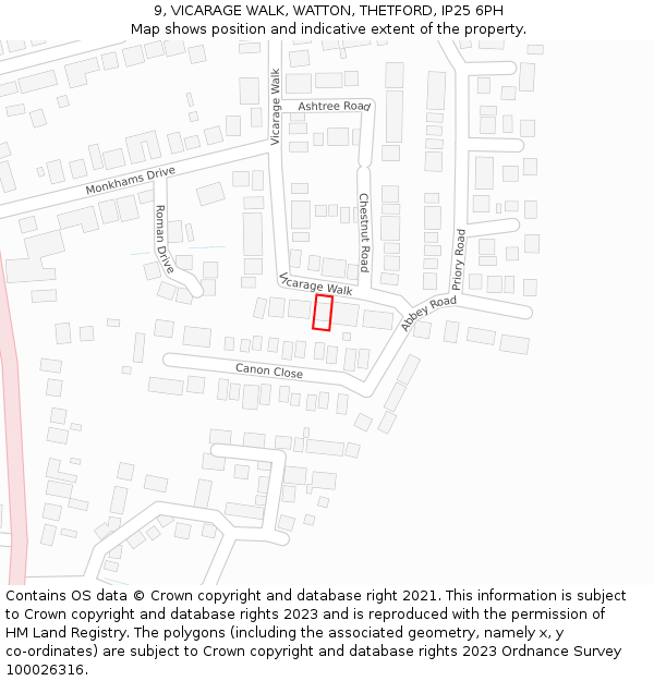 9, VICARAGE WALK, WATTON, THETFORD, IP25 6PH: Location map and indicative extent of plot