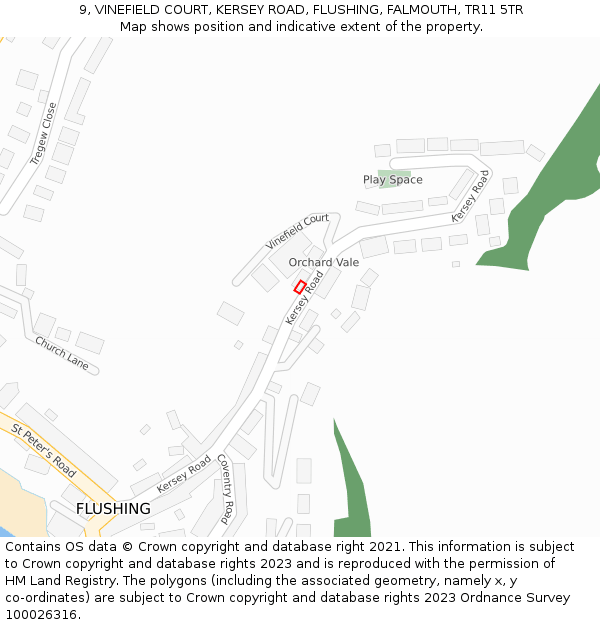 9, VINEFIELD COURT, KERSEY ROAD, FLUSHING, FALMOUTH, TR11 5TR: Location map and indicative extent of plot