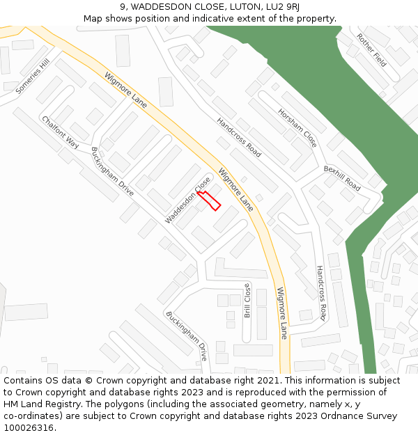 9, WADDESDON CLOSE, LUTON, LU2 9RJ: Location map and indicative extent of plot