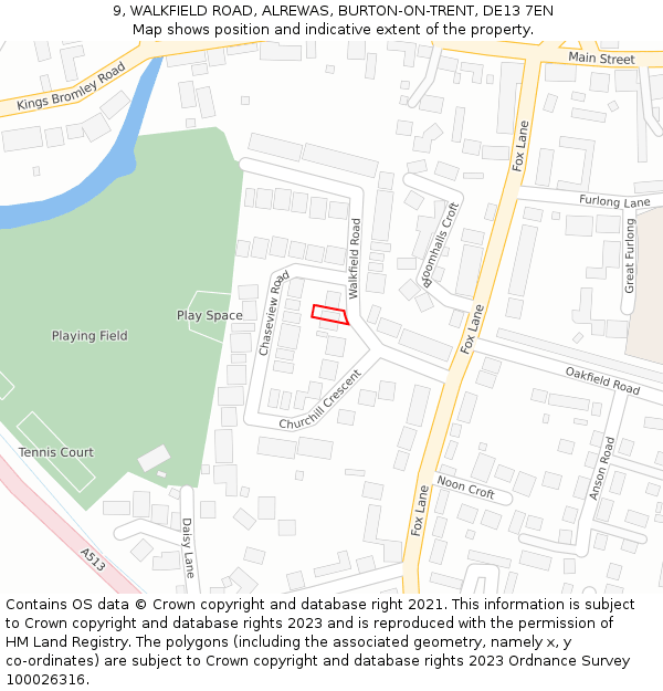 9, WALKFIELD ROAD, ALREWAS, BURTON-ON-TRENT, DE13 7EN: Location map and indicative extent of plot