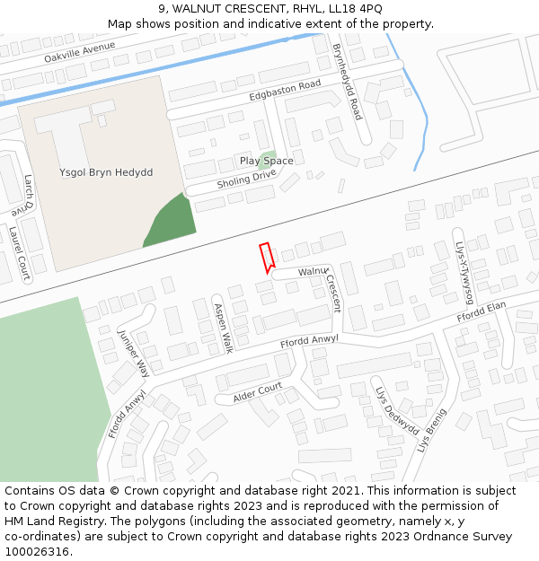 9, WALNUT CRESCENT, RHYL, LL18 4PQ: Location map and indicative extent of plot