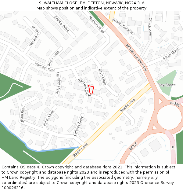 9, WALTHAM CLOSE, BALDERTON, NEWARK, NG24 3LA: Location map and indicative extent of plot