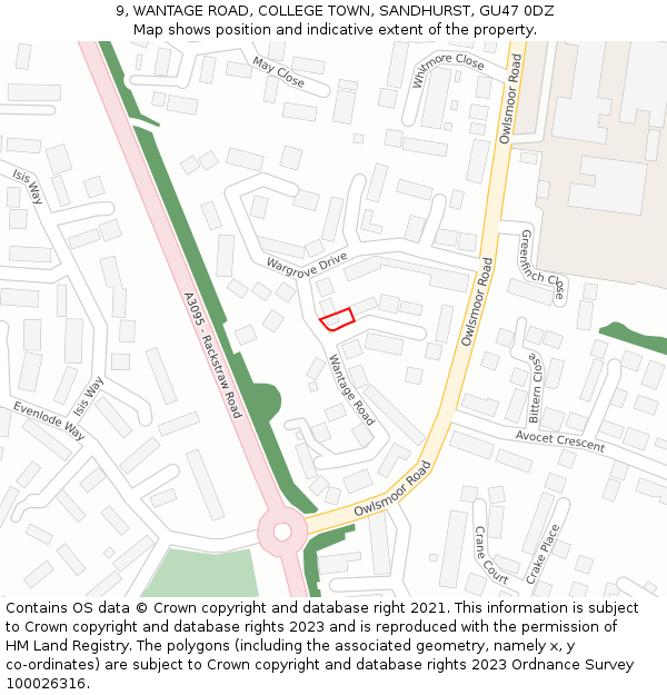 9, WANTAGE ROAD, COLLEGE TOWN, SANDHURST, GU47 0DZ: Location map and indicative extent of plot