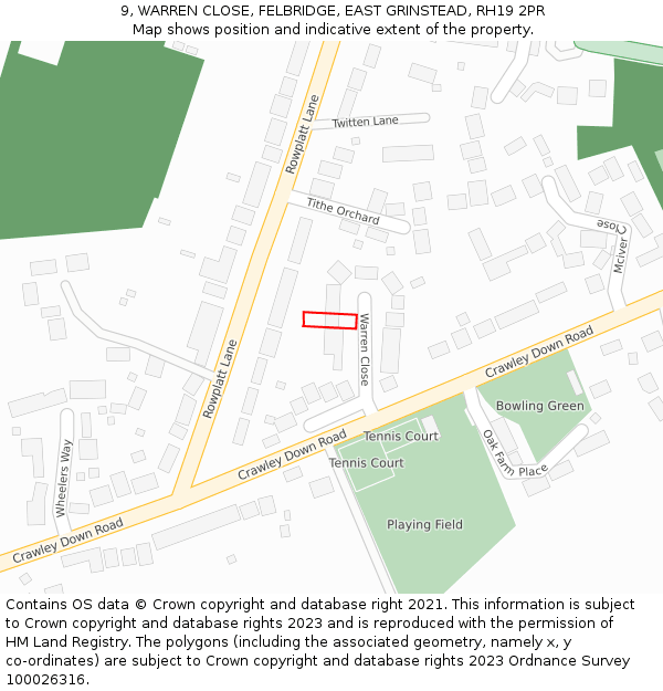 9, WARREN CLOSE, FELBRIDGE, EAST GRINSTEAD, RH19 2PR: Location map and indicative extent of plot