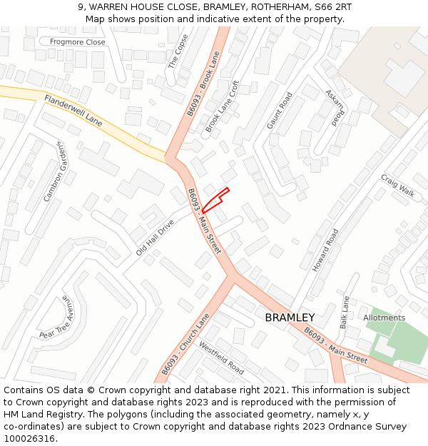 9, WARREN HOUSE CLOSE, BRAMLEY, ROTHERHAM, S66 2RT: Location map and indicative extent of plot