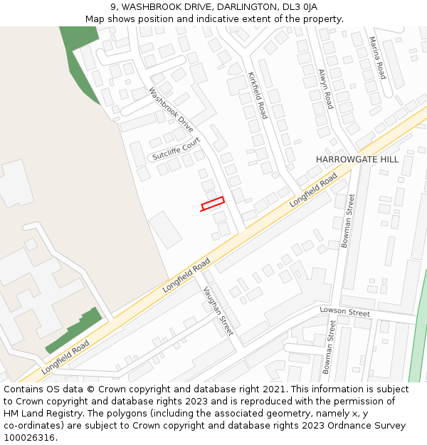 9, WASHBROOK DRIVE, DARLINGTON, DL3 0JA: Location map and indicative extent of plot