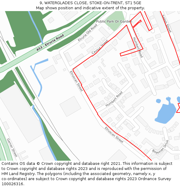 9, WATERGLADES CLOSE, STOKE-ON-TRENT, ST1 5GE: Location map and indicative extent of plot