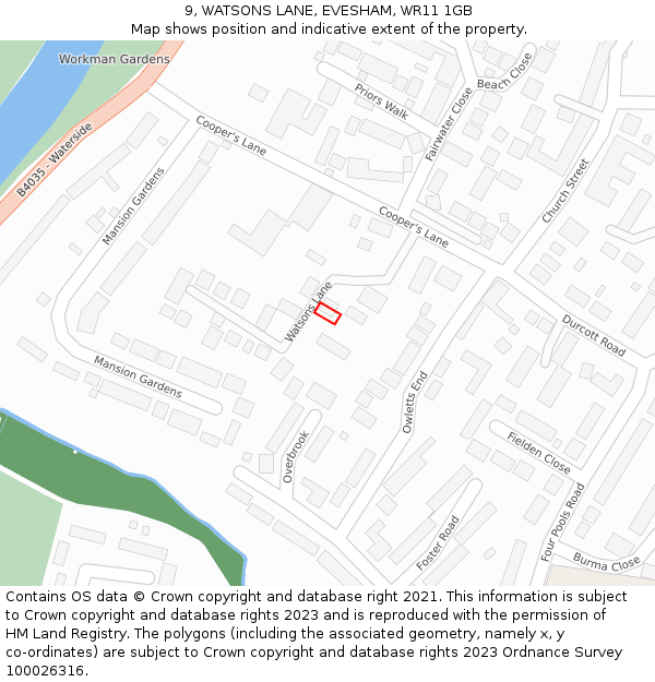 9, WATSONS LANE, EVESHAM, WR11 1GB: Location map and indicative extent of plot