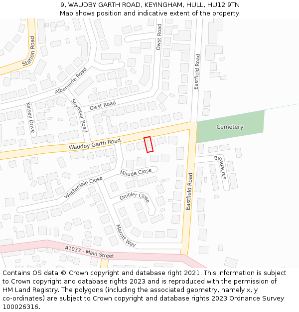 9, WAUDBY GARTH ROAD, KEYINGHAM, HULL, HU12 9TN: Location map and indicative extent of plot