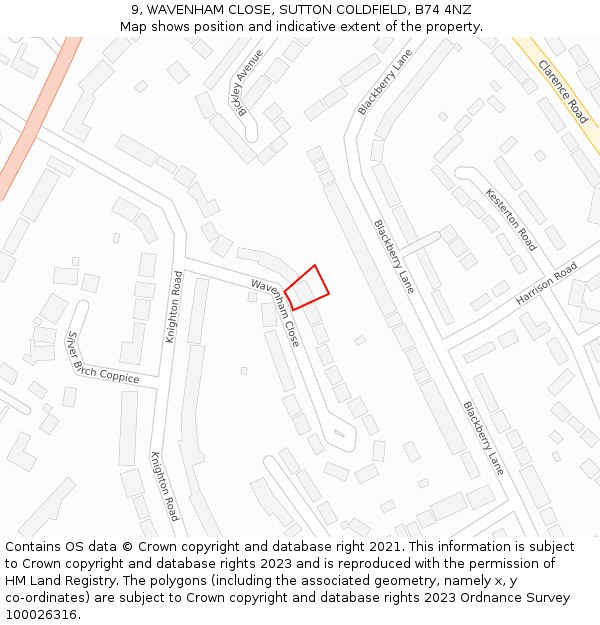 9, WAVENHAM CLOSE, SUTTON COLDFIELD, B74 4NZ: Location map and indicative extent of plot