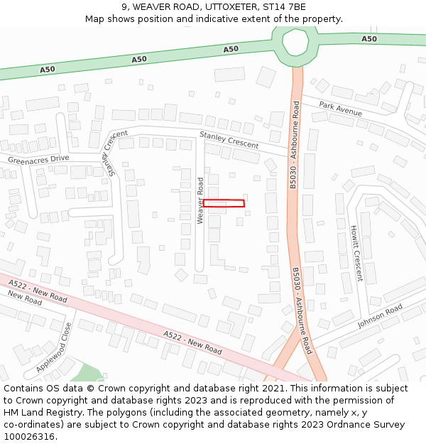 9, WEAVER ROAD, UTTOXETER, ST14 7BE: Location map and indicative extent of plot