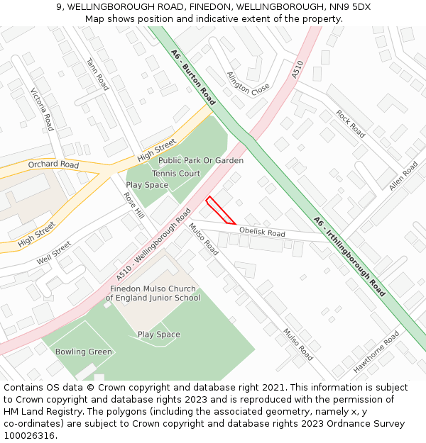 9, WELLINGBOROUGH ROAD, FINEDON, WELLINGBOROUGH, NN9 5DX: Location map and indicative extent of plot