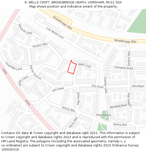 9, WELLS CROFT, BROADBRIDGE HEATH, HORSHAM, RH12 3GX: Location map and indicative extent of plot