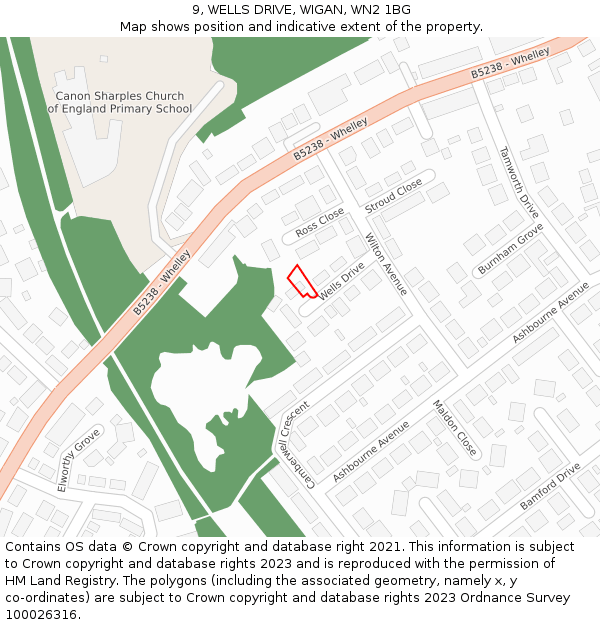 9, WELLS DRIVE, WIGAN, WN2 1BG: Location map and indicative extent of plot