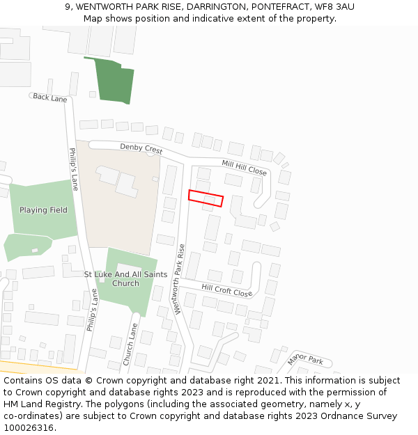 9, WENTWORTH PARK RISE, DARRINGTON, PONTEFRACT, WF8 3AU: Location map and indicative extent of plot