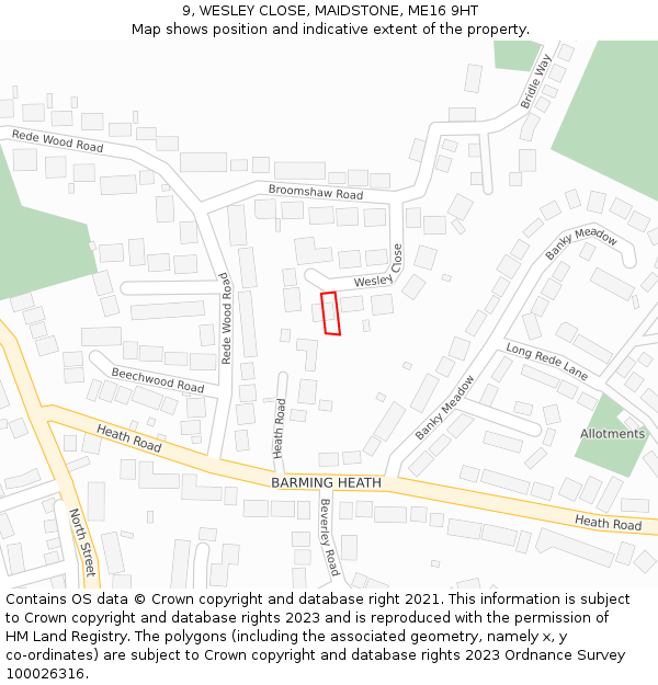 9, WESLEY CLOSE, MAIDSTONE, ME16 9HT: Location map and indicative extent of plot