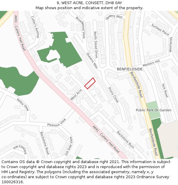9, WEST ACRE, CONSETT, DH8 0AY: Location map and indicative extent of plot