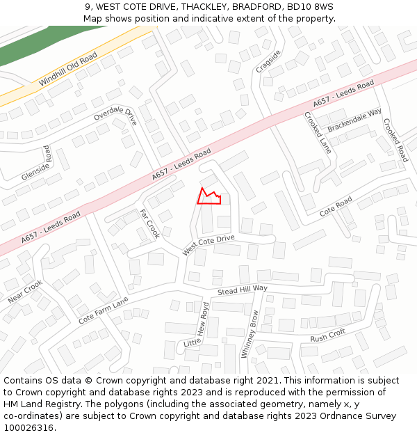 9, WEST COTE DRIVE, THACKLEY, BRADFORD, BD10 8WS: Location map and indicative extent of plot