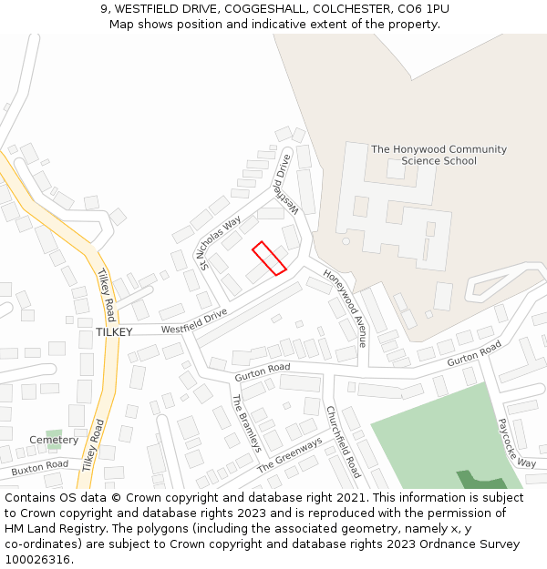 9, WESTFIELD DRIVE, COGGESHALL, COLCHESTER, CO6 1PU: Location map and indicative extent of plot