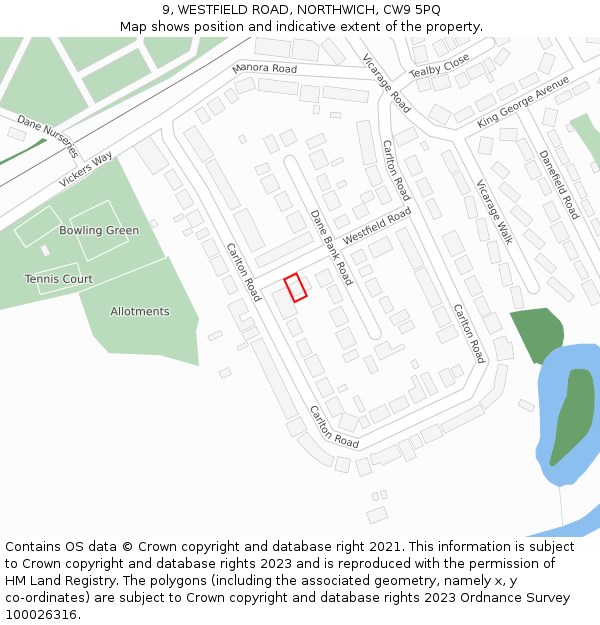 9, WESTFIELD ROAD, NORTHWICH, CW9 5PQ: Location map and indicative extent of plot