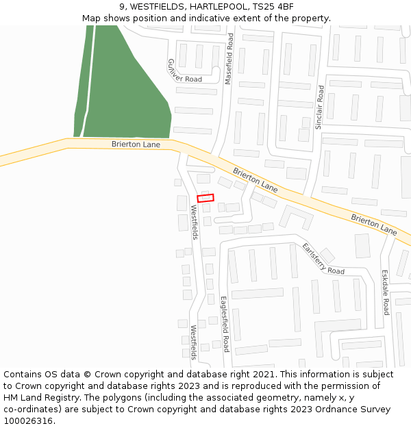 9, WESTFIELDS, HARTLEPOOL, TS25 4BF: Location map and indicative extent of plot