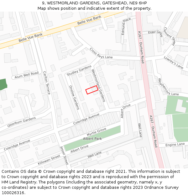 9, WESTMORLAND GARDENS, GATESHEAD, NE9 6HP: Location map and indicative extent of plot